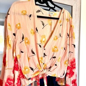 Billabong blouse, pink with bright flowers, tie waist, size M